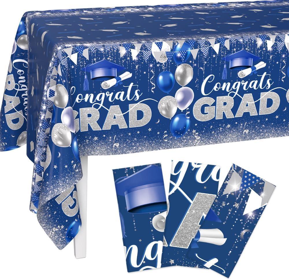 AIBIIN 3pcs Graduation Tablecloth Blue Silver Congrats Grad Table Cloth for Class of 2026 Disposable Plastic Rectangle Grad Table Cover for Graduation Party Decorations Supplies 68"x42" Inch
