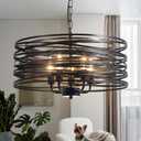 Black Farmhouse Chandelier 5 Lights 19.68" W Spiral Pendant Light Fixture Vintage Ceiling Hanging Light Industrial Metal Drum Chandeliers for Dining Room Kitchen Island Foyer Living Room