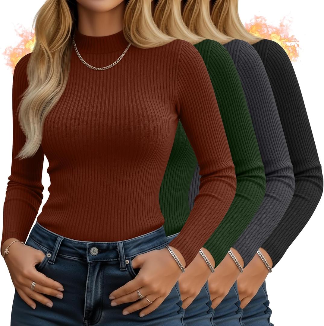 4 Pack Women's Mock Neck Long Sleeve Tops Ribbed Slim Fitted Cotton Thermal Shirts Casual Stretch Tight Base Layer (Black, Dark Gray, Olive Green, Caramel)