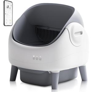Open-Top Self Cleaning Litter Box, Automatic Cat Litter Box with APP Control, Dual Safety Sensors, Includes Trash Bags, Grey-White