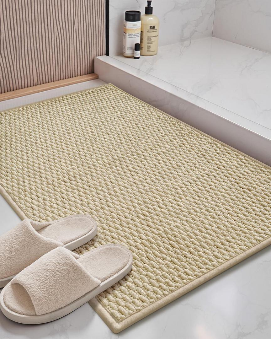 Color&Geometry Woven Chenille Bathroom Rugs Absorbent Non Slip, 24"x36" Light Yellow Bath Mat Washable, Large Bathroom Mat Quick Dry, Thin Bath Rugs Fit Under Door