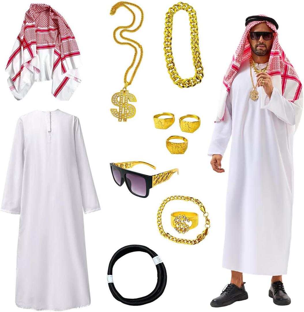Men's Arab Costume Middle East Muslim Robe Adult Dubai Halloween Costume with Decoration Set (Medium)