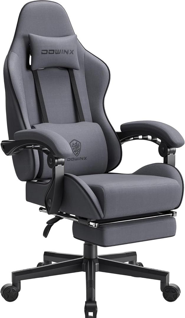 Dowinx Gaming Chair Fabric with Pocket Spring Cushion, Massage Game Chair Cloth with Headrest, Ergonomic Computer Chair with Footrest 290LBS, Grey (Standard)