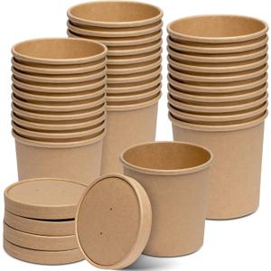 GUSTO 16 oz. Kraft Paper Food Containers with Vented Lids - [25 Count] To Go Hot Soup Bowls, Disposable Ice Cream Cups, Ideal for Hot and Cold Foods - (Formerly Comfy Package)