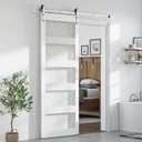 Smart Standard 36 x 96 inch Glass Barn Door with 6.6FT Brushed Nickel Sliding Hardware Kit & Handle, Pre-Drilled Ready to Assemble, Waterproof PVC Coating, White, 5-Panel Glass