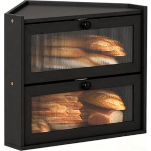 Corner Bread Box for Kitchen Countertop, Large 2 Layer Black Bamboo Breadbox for Homemade Bread, Bread Storage Container Bin Cabinet with Acrylic Window for Kitchen Counter Pantry Shelf