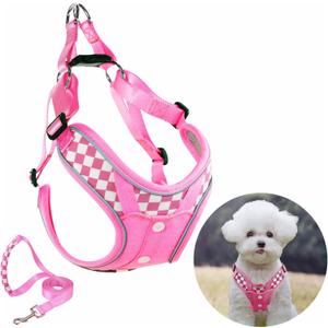 Denim French Bulldog Harness with Leash Set, with Breathable Padded Puppy Harness for Small Dogs Training and Walking (S Pink)