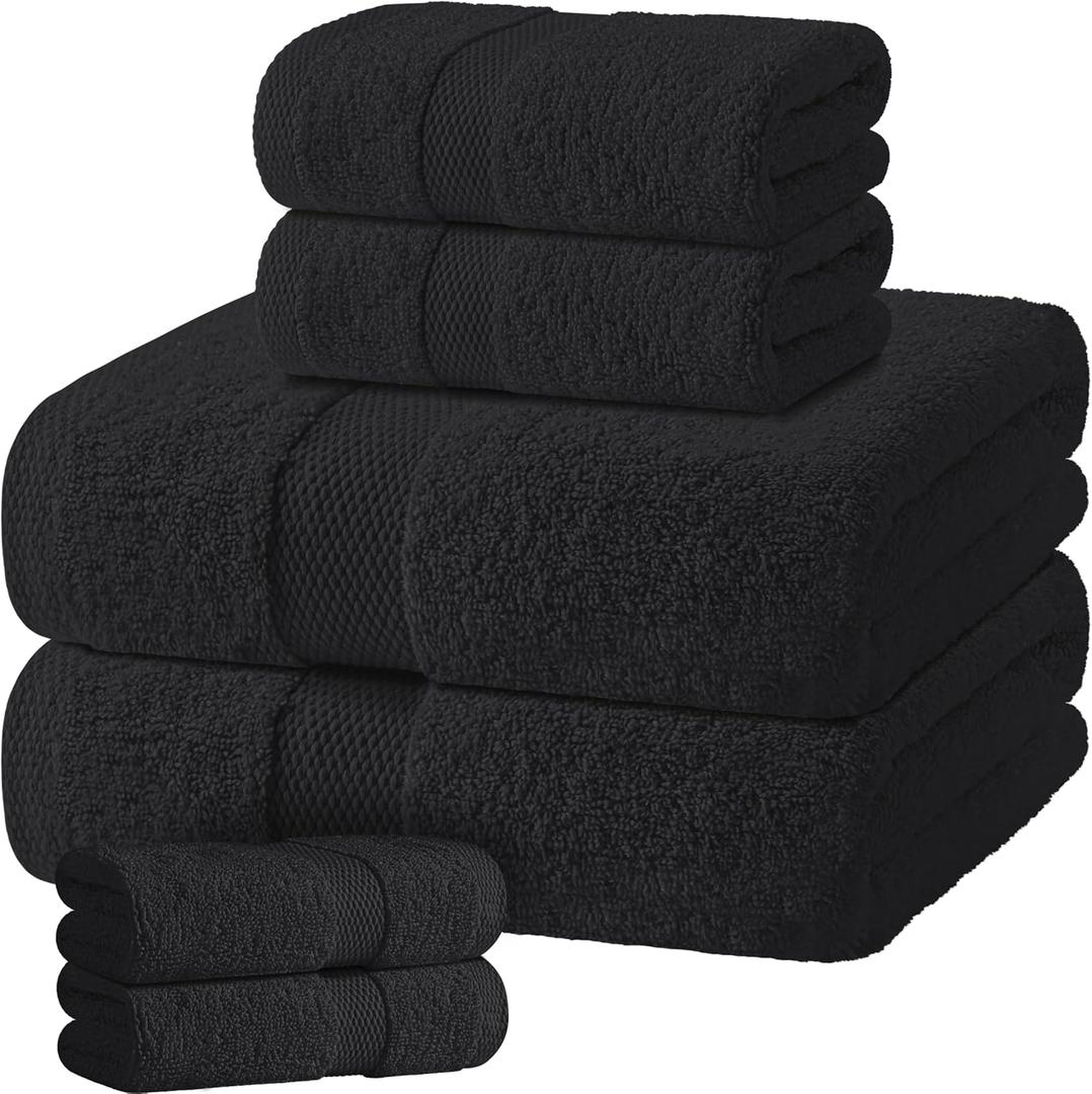 Black Bath Towel Set of 6 - 100% Cotton Highly Absorbent Towels for Bathroom, 2 Luxury Bath Towels 650GSM, 2 Hand Towels, 2 Washcloths