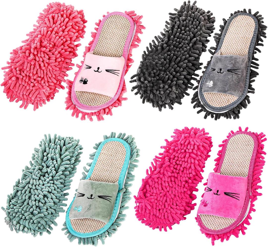Bekith 4 Pairs Washable Mop Slippers, Detachable Microfiber Cleaning Shoes for Women Men Home Office Floor Dust Dirt Clean, Medium