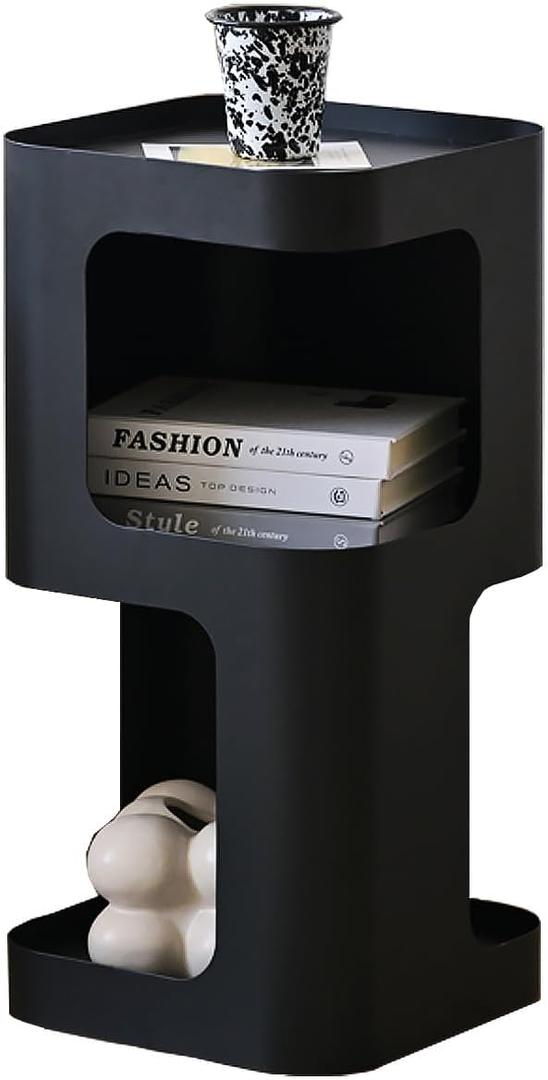 Modern Side Table,Small end Table for Small Spaces,Metal nightstand with Storage Shelf,Space-Saving Bedside Table Accent Table Drink Tables for Living Room,Bedroom.No Assembly Required (Black Trumpet)