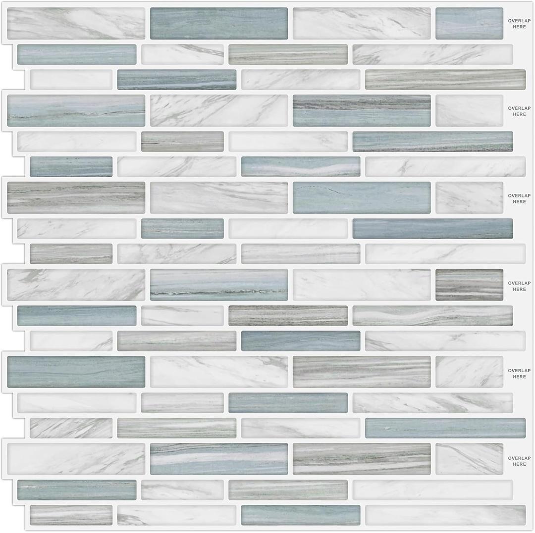 Tilingview 10PCS Peel and Stick Tile for Kitchen Backsplash, Strips Design Self-Adhesive Vinyl Tile, Plastic Wall Sticker (Blue White)