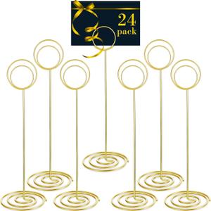 24 Pack 8.86 Inch Table Number Holder Wire Photo Holder Picture Name Menu Clips Memo Note Cards Stand for Wedding Reception Anniversary Birthday Centerpieces(Gold)
