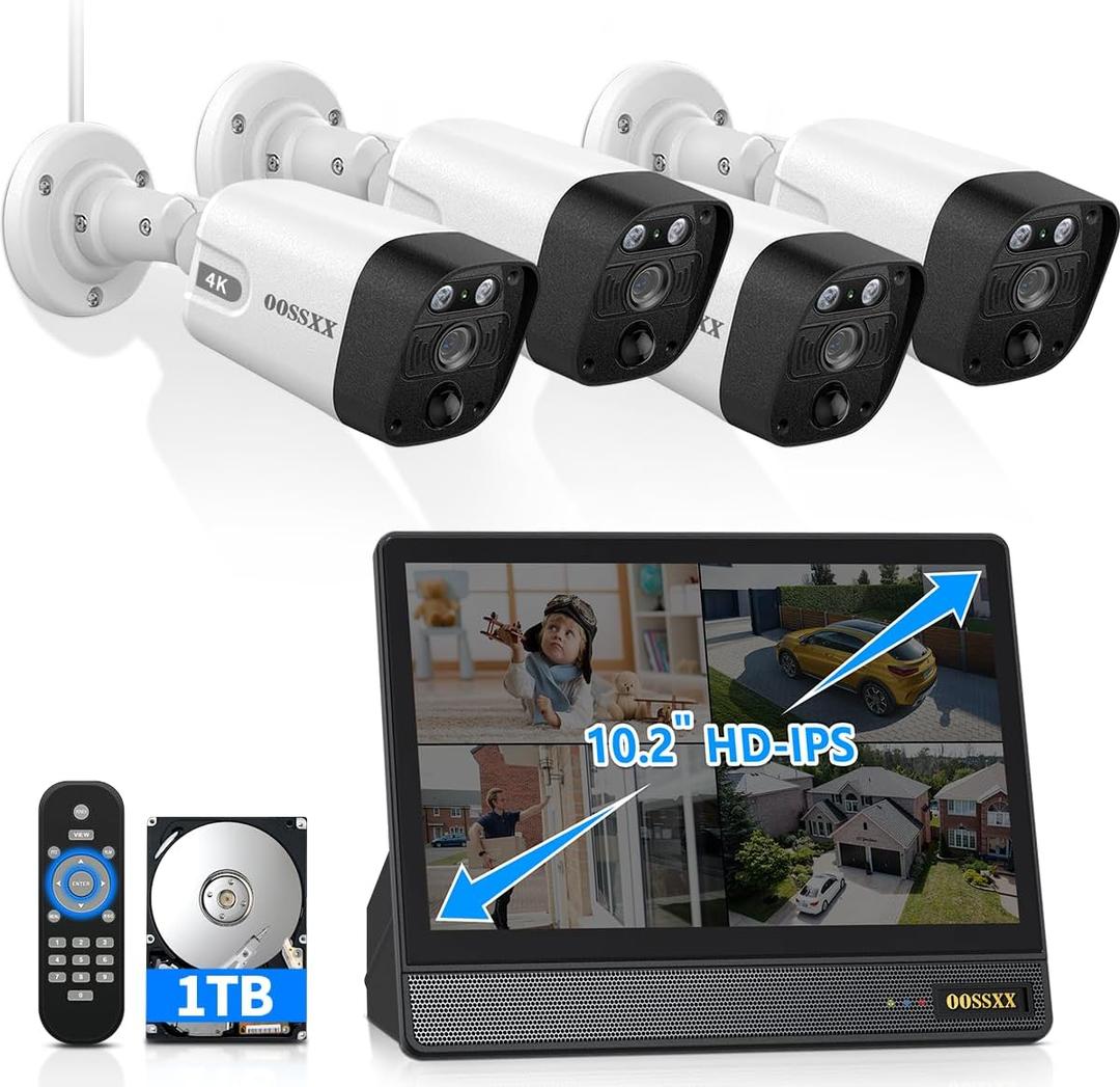 OOSSXX (2026 New 4K PoE Security Camera System Outdoor, 8CH NVR with 10" IPS Monitor & 1TB HDD, 4 Cameras, 130 Wide Angle, AI Human Detection, Two-Way Audio, No Monthly Fee