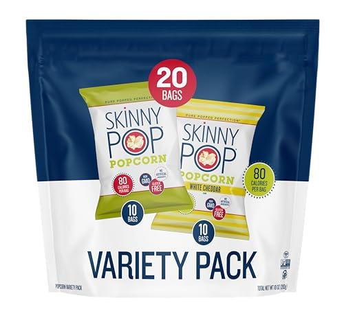 SkinnyPop Variety Pack Original and White Cheddar Popcorn, Gluten Free, Vegan Popcorn, Non-GMO, Healthy Popcorn Snacks, Skinny Pop, 0.5oz Individually Sized Bag, Best By Date: 6'12'25 (20 Count)