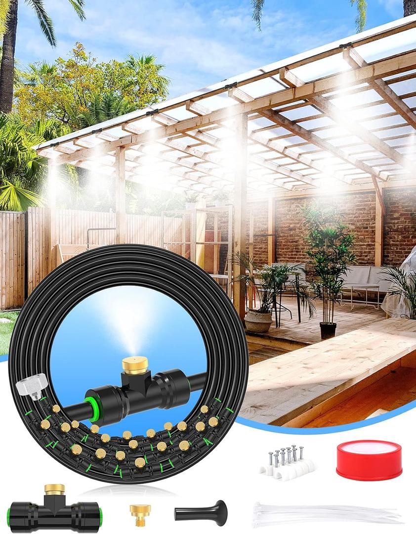 Misters for Outside Patio 63FT(19.2M)+21 Brass Mist Nozzles+a Brass Adapter(3/4") Detachable outdoor misting cooling system for Garden, waterpark, Greenhouse, Backyard, Fan, Umbrella, Deck, Canopy
