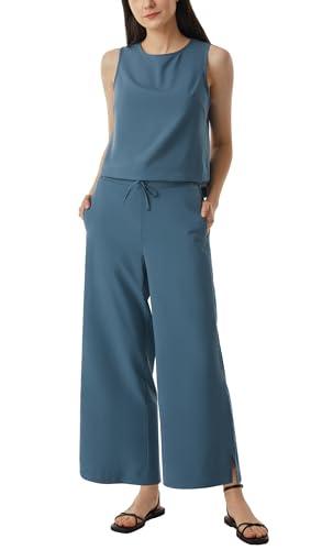AFITNE Two piece Outfits for Women Summer 2 Piece Sets Linen Crop Tank Top and Wide Leg Pants Matching Sets Clothing Vacation Lounge Jumpsuits 2024 Spring Fashion Trendy Clothes Blue L 28" Medium