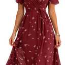 Summer Dresses for Women 2026 Floral Chiffon Dress Casual Short Sleeve Empire Waist Midi Dress Beach Vacation Outfits