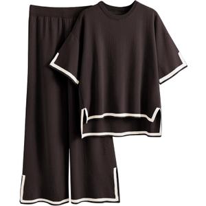 Tanming Sweater Sets Women 2 Piece Lounge Sets Short Sleeve Knit Pullover Tops Wide Leg Pants(Coffee-XL)