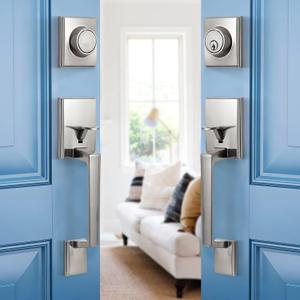 NeuType Double Door Lock Set, Double Door Handleset with Dummy, Door Handle Sets, Entry Door Handle Set with Single Cylinder Deadbolt and Door Levers, Easy to Install, Satin Nickel