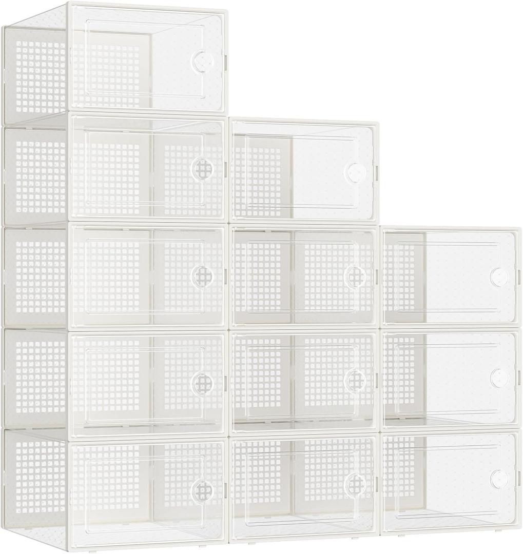 Kuject Large Shoe Organizers Storage Boxes for Closet, 12 Pack Clear Plastic Stackable Storage Bins with Lids, Under Bed Shoe Containers for Entryway, Fit up to Women's Size 10, Black, Off-white
