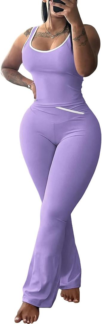 Elainone 2 Piece Workout Sets for Women Tank Top Flared Legging (Purple, S)