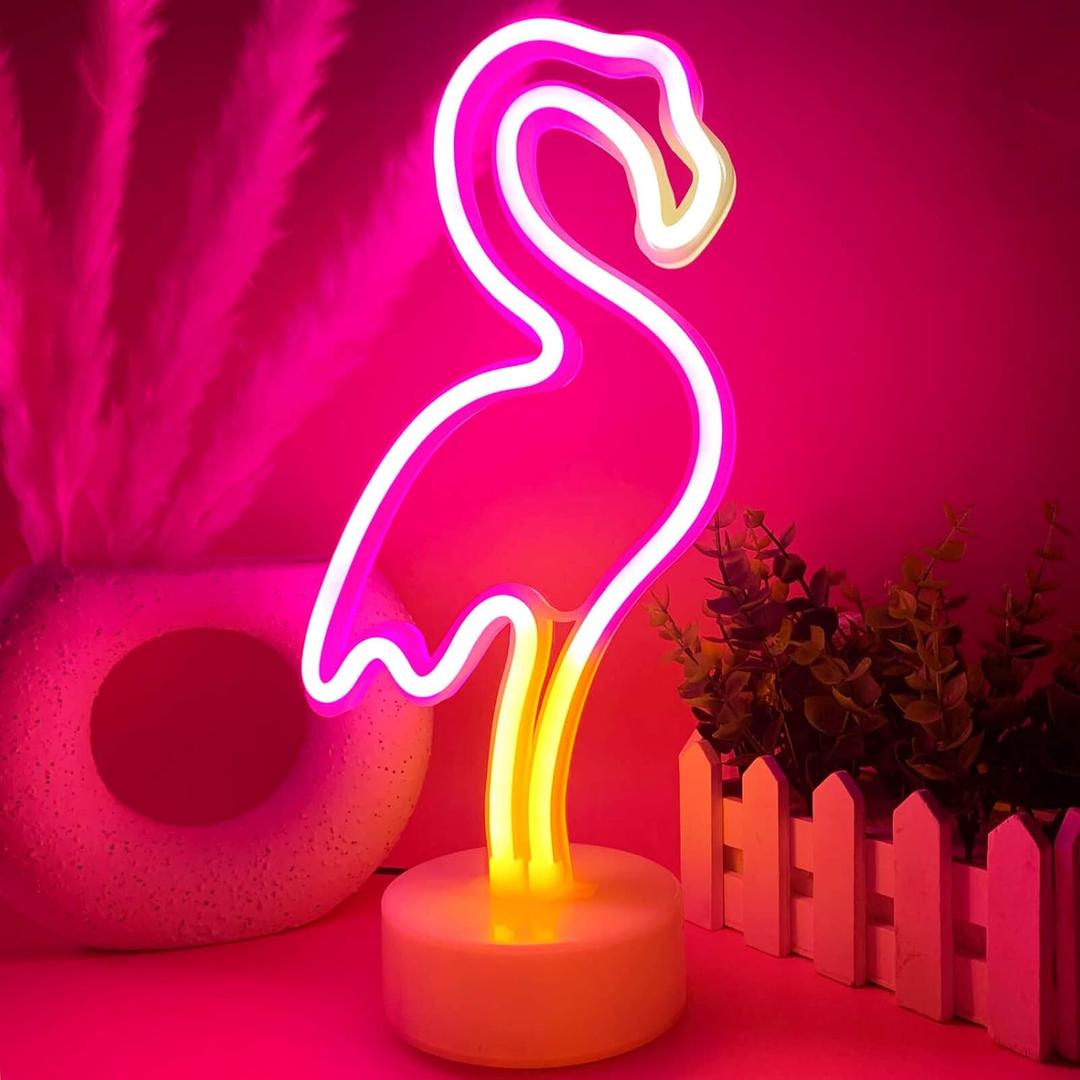 Pink Flamingo LED Neon Light Sign for Bedroom & Girls Room Decor - USB/Battery Operation Night Lights with Pedestal (Multicolored)