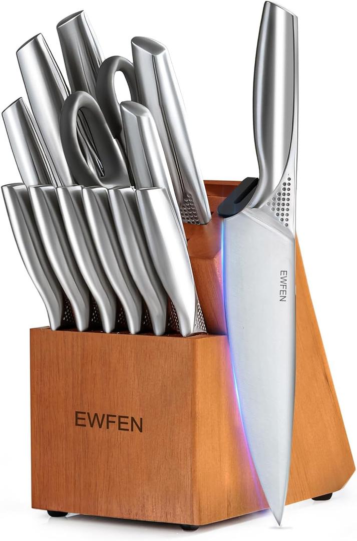 Knife Set, EWFEN 14-Piece Kitchen Knife Set with Block, German Stainless Steel Knives with Built-in Knife Sharpener, Anti-Slip Sharp Knives Set for Kitchen, Dishwasher Safe, Concave-dotted Handle