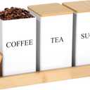 White 3-Piece Canister Set with Tray, Iron Tea, Coffee, Sugar Containers with Wooden Lids, Sealed Storage for Snacks, Coffee Beans, Kitchen Organization