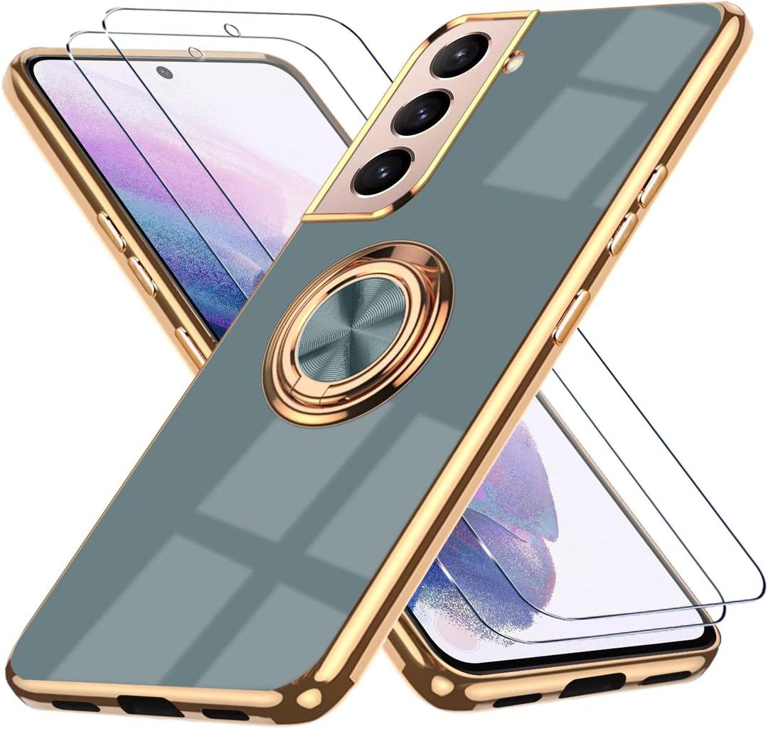 for Samsung Galaxy S21 5G Case, with 2 Screen Protector, Built-in 360 Ring Holder Magnetic Stand, Luxury Electroplated Plating Edge Shockproof Protective Phone Cover, Gray