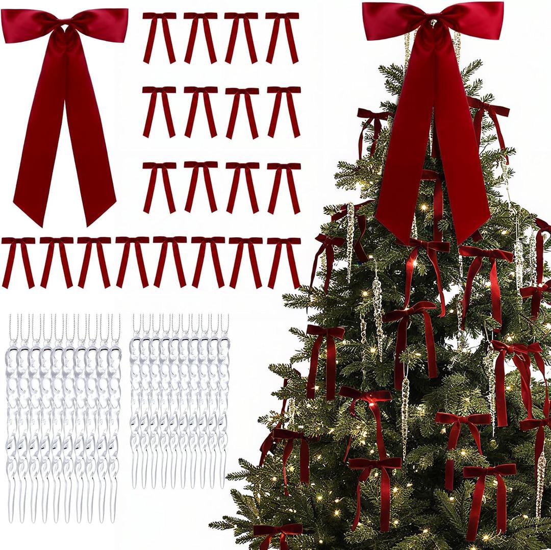 Shihanee 41 Pcs Burgundy Christmas Crystal Ornaments Sets 20 Pcs Velvet Bows 1 Large Xmas Tree Topper Bows 20 Clear Acrylic Xmas Icicle Ornaments for Christmas Tree Fireplace Party Decoration