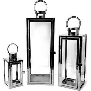Allgala 3-PC Lantern Set 23 Inch Jumbo Deluxe Modern Indoor/Outdoor Candle Lantern Set Stainless Steel Frame Tempered Glass Rectangular Black for Garden Poolside Fireplace Wedding