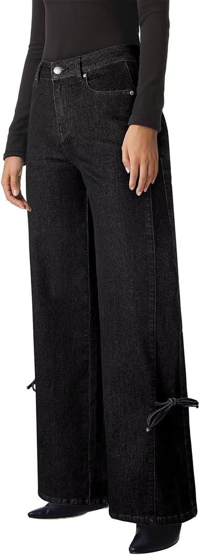 Astylish Women's Cotton High-Waisted Wide-Leg Jeans with Tie-Side Detail Fashion Fall Western Casual Pants (Black)