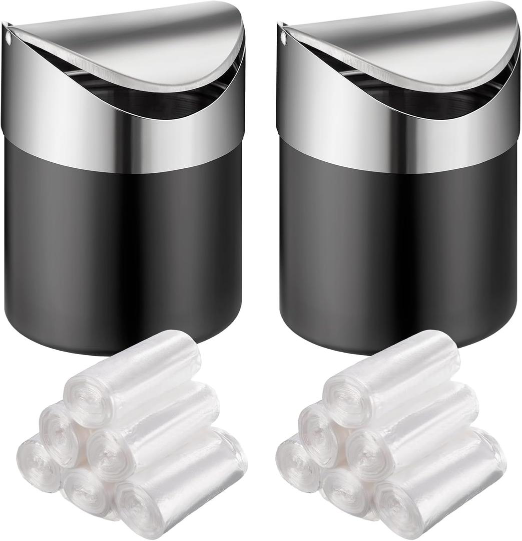 2 Pcs Desk Can with Swing Lids, 12 Rolls of Bags, 2L Brushed Stainless Steel Countertop Garbage Bin Small Wastebasket with Lid for Office Desk, Coffee Table(Matte Black)