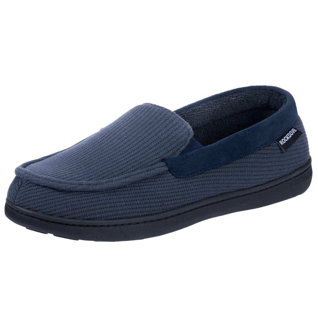 RockDove Men's Waffle Knit Memory Foam Moc Slipper with Removable Insole, Size 10 US Men, Navy