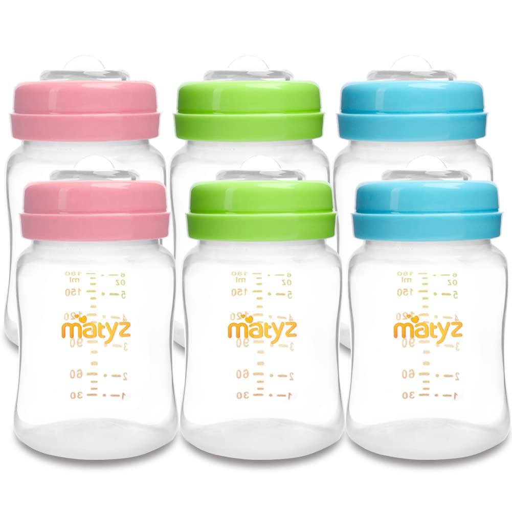 Matyz 6-PACK Breast Milk Storage Bottles (6 Oz, Green, Blue, Pink) - Wide Neck Breastmilk Collection and Storage Bottle - Formula Storage Bottles Compatible With Medela Avent Spectra Pumps