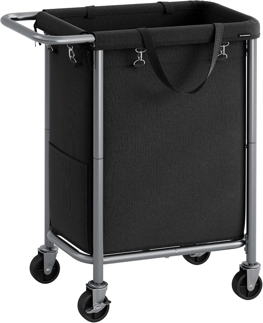 SONGMICS Laundry Basket with Wheels, Rolling Laundry Hamper, 23.8 Gallons (90 L), Removable Liner, Steel Frame with Handle, 24 x 11.4 x 31.9 Inches, Ink Black URLS003B01