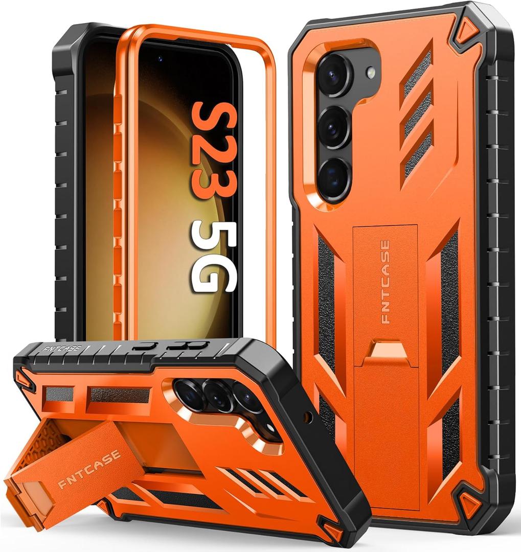 FNTCASE for Samsung Galaxy-S23 Protective Case: Rugged Shockproof S23 5G Phone Cover with Kickstand | Extra Front Frame | Tough Bumper Military Grade Drop Proof Protection 6.1'' Orange