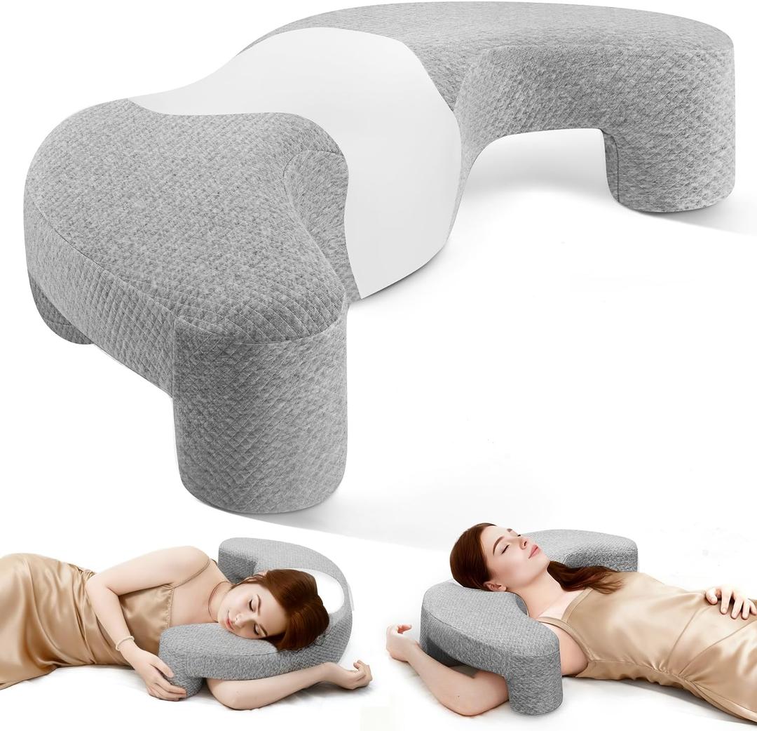 Side Sleeper Pillow with Arm Channel for Shoulder, Neck & Rotator Cuff Pain Relief, Memory Foam Cervical Neck Pillow Also Comfortable for Back Sleepers (Gray & White)