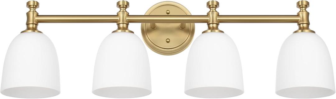 Gold Bathroom Vanity Light, 4-Light Bathroom Light Fixtures Over Mirror, Traditional Vanity Lights for Living Room, Milk White Bell Glass Shades, Standard E26 Base, Aged Brass
