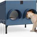 Outdoor Cat Feeding Shelter for Feral & Stray Cats, Insulated Dining Room with Slanted Roof & Double Feed Hole, Connects to PELUOMOZ Cat Houses, Windproof & Weatherproof – Navy Blue, 16"×12"×15.5"