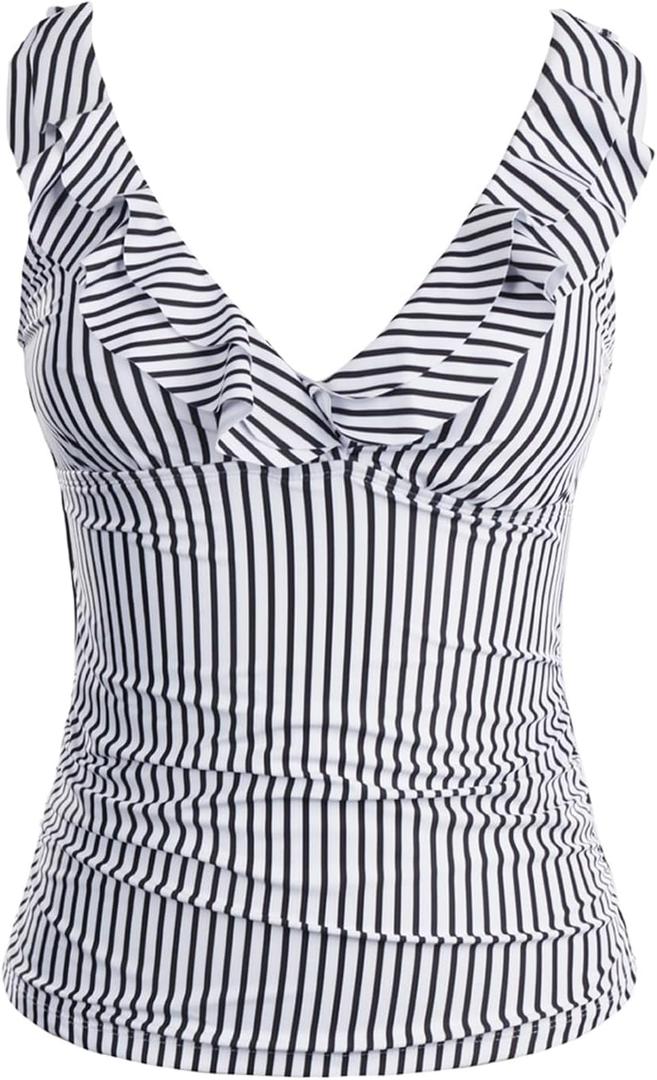 Yonique Women's Tankini Top Only Tummy Control Bathing Suit Top Ruffle Swimsuit Top V Neck Swim Tank Top No Bottom (Large, Black and White Stripes)