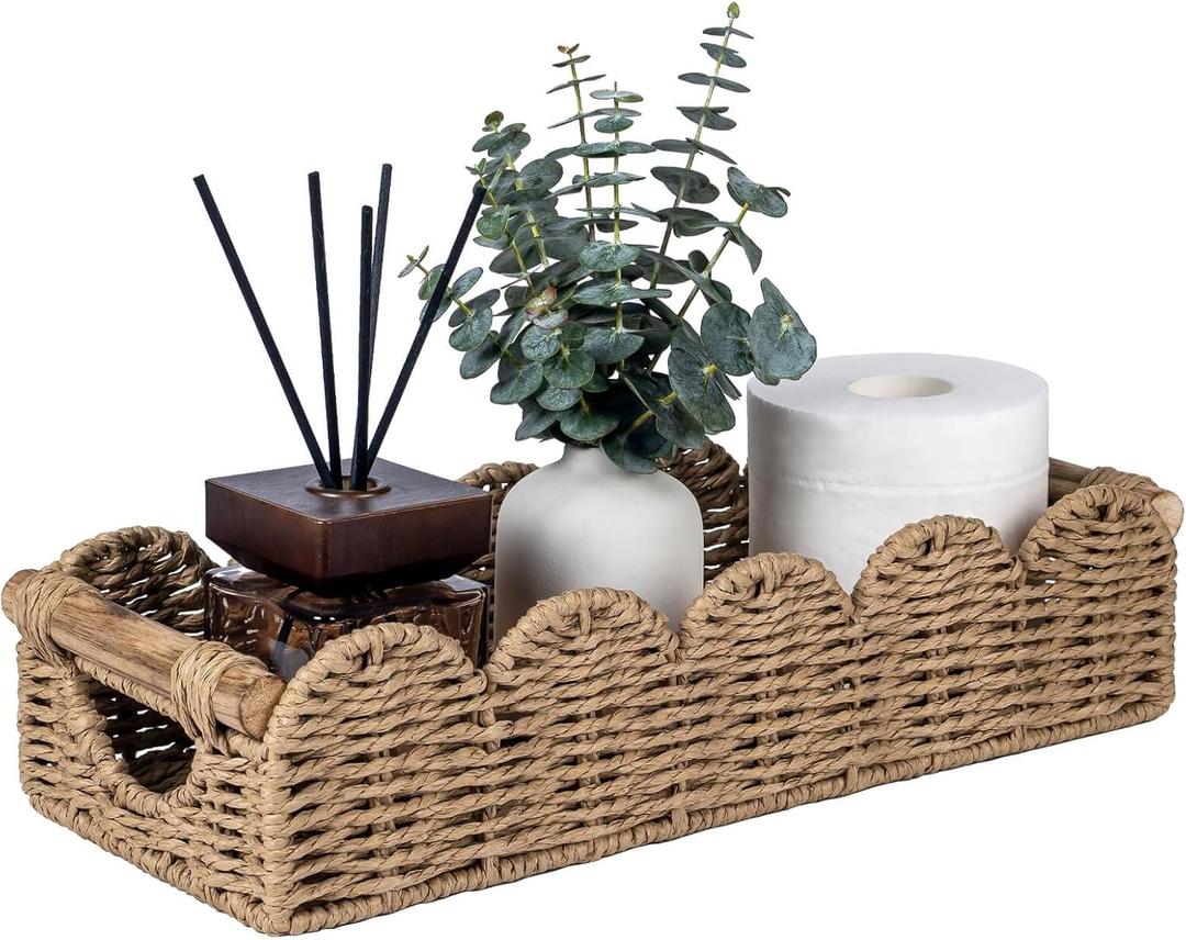 CubesLand Bathroom Basket Organizer w/Cut Out Handle, Back of Toilet Paper Storage Baskets Tray for Bathroom Countertop Decorative, Scalloped Wicker Basket Also for Home Decor, Living Room, Neutral (14.96" (L) x 6.3" (W) x 3.54" (H))