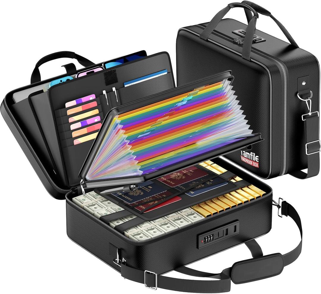Tamfile Fireproof Document Box with Lock, Hard Case Fireproof Water Resistant File Organizer with 24 Colorful Pockets, Fire Safe Box for Important Documents, Valuables, Laptop, Passports (Black)