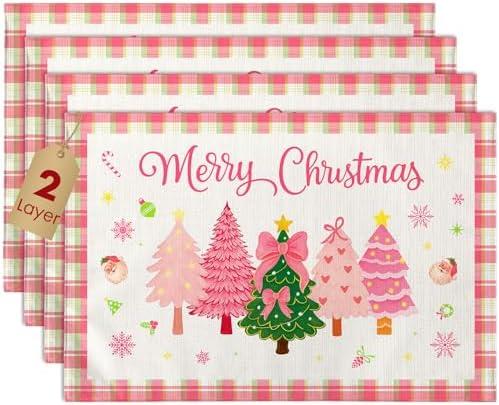 Miss Adola Christmas Placemats Set of 4 - Christmas Theme Placemats Double-Layered 12x18 Inches Decorative Washable Dinner Table Mats for Dinning Durable Xmas Themed Table Mats, Pink Plaid