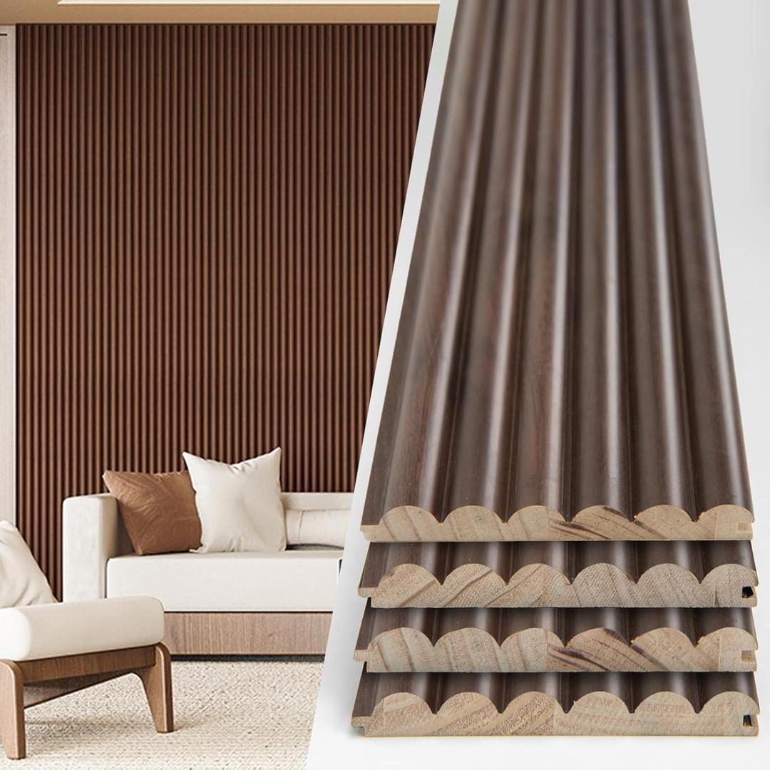 Art3d Fluted Wood Panel - 108 x 5.7 x 0.7in for Wall & Ceiling, Beaded Accent Molding for Home Decoration, Pack of 4pcs + 1pc End-Trim, Beaded Walnut