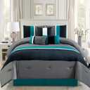 7 Piece Teal Blue/Grey/Black Pleated Bed in A Bag Microfiber Comforter Set Queen Size Bedding. Perfect for Any Bed Room or Guest Room