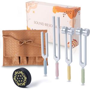 Tuning Forks for Healing Set, Including Four Frequency 128Hz, 136.1Hz, 174Hz, 528Hz Yoga and Meditation Accessories, Chakra Sound Therapy Instruments with Tuning Fork Activator and Vegan Leather Pouch (silvery)