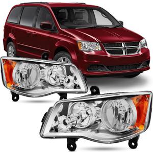 Headlight Assembly Compatible with 2011-2020 Dodge Grand Caravan / 2008-2016 Chrysler Town & Country Headlamp Chrome with Amber Reflector Factory Style Replacement Pair