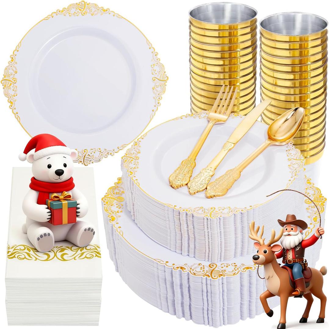 Nervure 350PCS Gold Plastic Dinnerware - White and Gold Disposable Plates for 50 Guests - 100 White Disposable Plates, 150 Plastic Silverware, 50 Cups, 50 Napkins for Wedding & Party & Thanksgiving