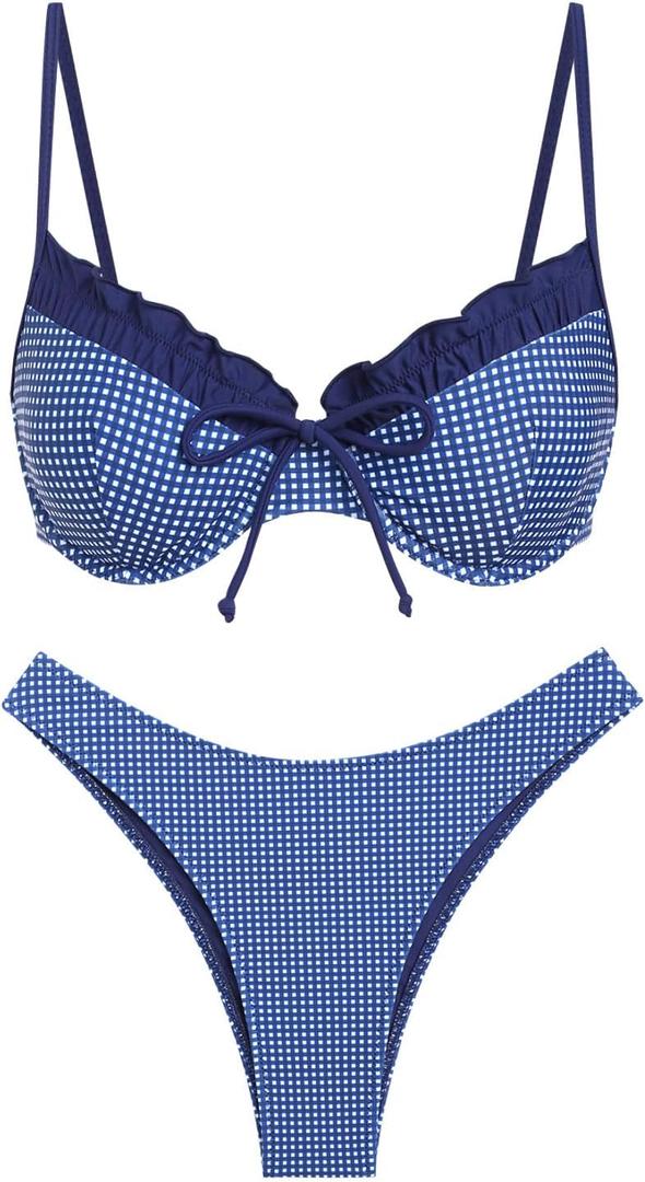 seamoly Vintage Gingham Bowknot Decor Tied Back Underwire Bikini Set (Medium, Deep Blue-01)